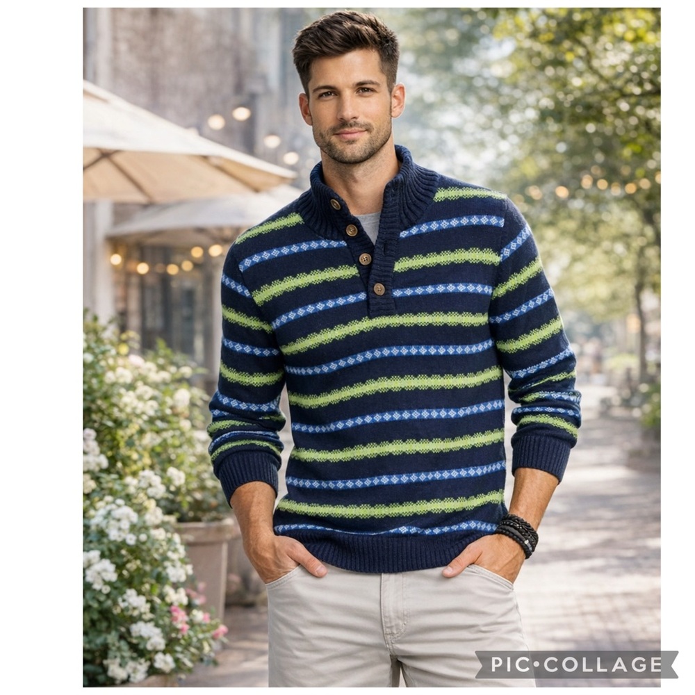 AMERICAN EAGLE MEN’S BARELY VINTAGE 3-BUTTON HENLEY COTTON BLEND SWEATER